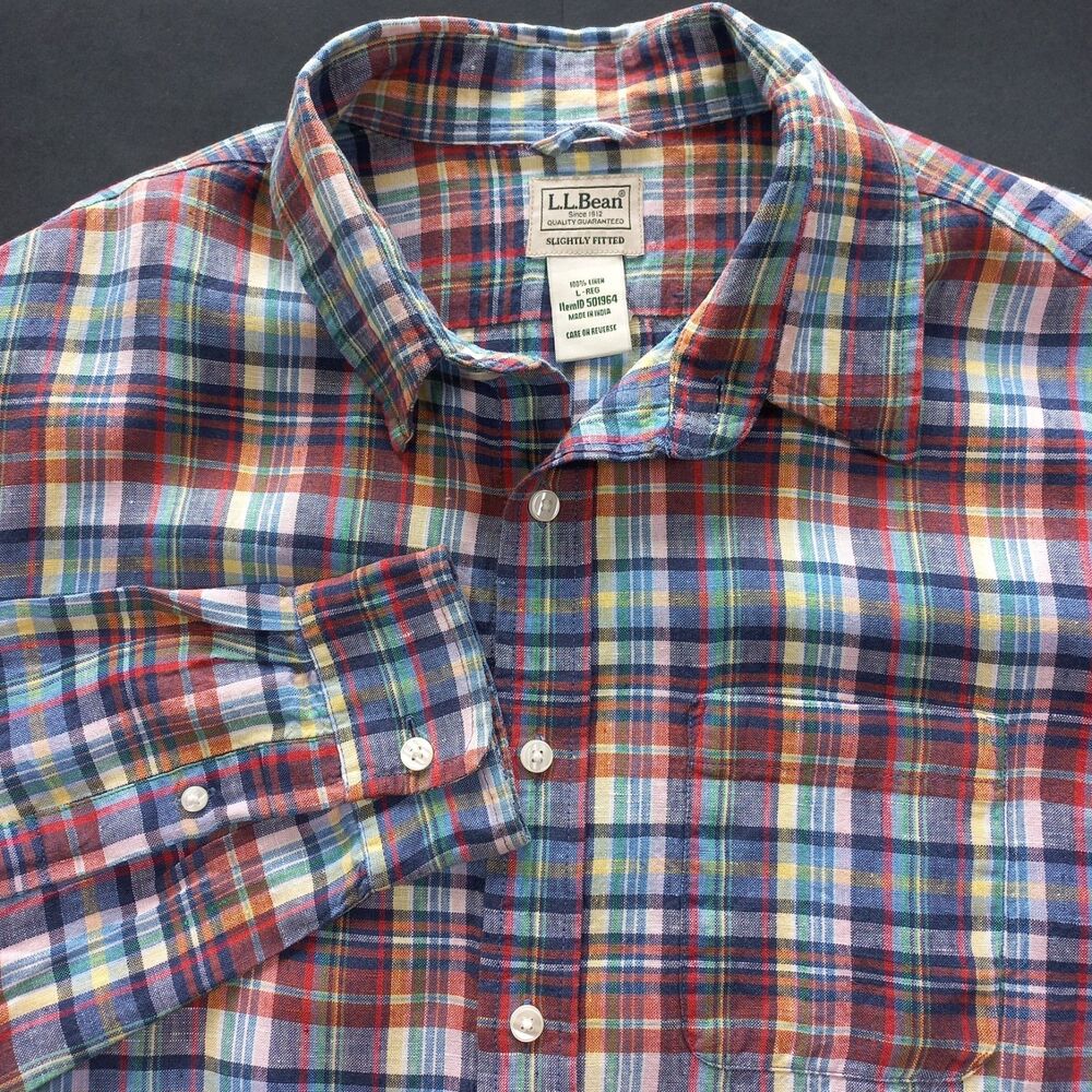LL Bean Shirt Mens Large L Long Sleeve 100% Linen Plaid Slightly Fitted 501964